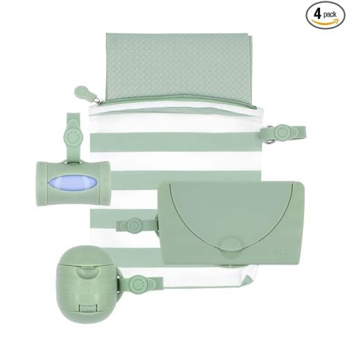Ubbi On-the-Go Diapering Gift Set, Includes Changing Mat and Bag, Wipes Dispenser, Pacifier Holder and Bag Dispenser, Newborn Essentials, Sage