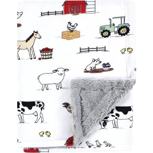 Hudson Baby Unisex Baby Plush Blanket with Furry Binding and Back, Farm, One Size