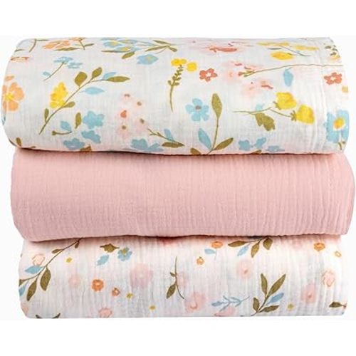 Muslin Swaddle Blankets Baby Blanket Set, 3 Pack 47"x47" Breathable Swaddles for Newborns, Soft Baby Swaddle Blanket for Girls, Muslin Blankets and Swaddles for Babies, Nursery Gift Set Pink Floral