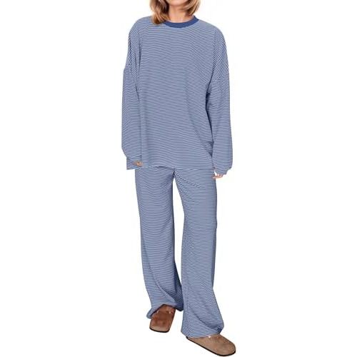 Striped Womens 2 Piece Lounge Set Oversized Long Sleeve Crewneck T-Shirt Wide Leg Pants Matching Pajamas Sets