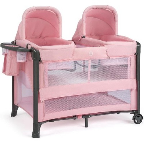 JOYMOR Twin Bassinet for Baby, Pink Bedside Bassinet, Convertible to Bedside Sleeper and Playpen, with Wheel, Brake