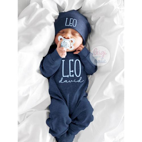 Personalized Baby Boy Coming Home Outfit: Blue Romper & Hat Set