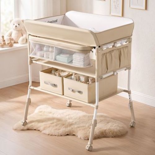 TODECARE Baby Changing Table, Foldable Portable Diaper Changing Station with Adjustable Height, Waterproof Changing Table for Newborns, Beige
