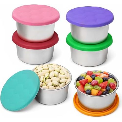 6Pack 8oz Stainless Steel Snack Containers for Kids, Reusable Small Metal Food Containers with Silicone Lids, Stackable Metal Toddler Lunch Box for Daycare, School and Outdoor (1CUP)