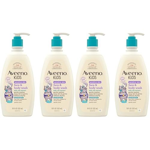 Aveeno Kids Sensitive Skin Face and Body Wash with Oat Extract, Gently Washes Away Dirt and Germs Without Drying, Tear-Free, Hypoallergenic Kids Body Wash, 18 fl. oz, (Pack of 4)