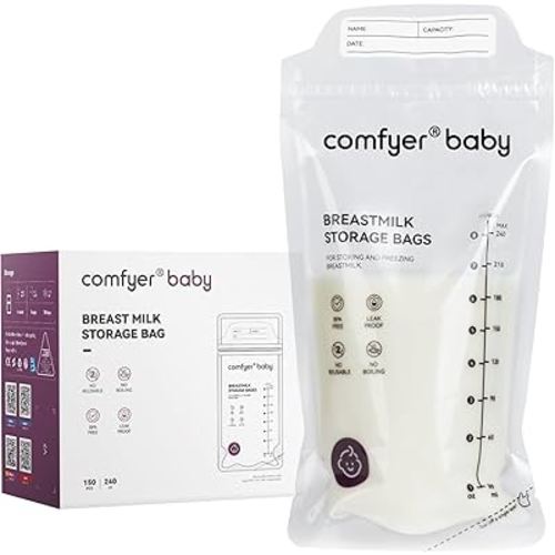 150 Pcs Breastmilk Storage Bags, 8oz Large Capacity, No Leak, Easy Storage with Self Sanding or Lay Flat, in-Out Seperate Design, Recyclable & BPA Free