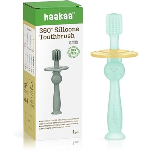 haakaa 360° Baby Toothbrush with Suction Base - Gentle Cleaning for Toddler's Self-Brushing Training, Food-Grade Silicone, Adjustable Safety Shield - Blue (1 Piece)