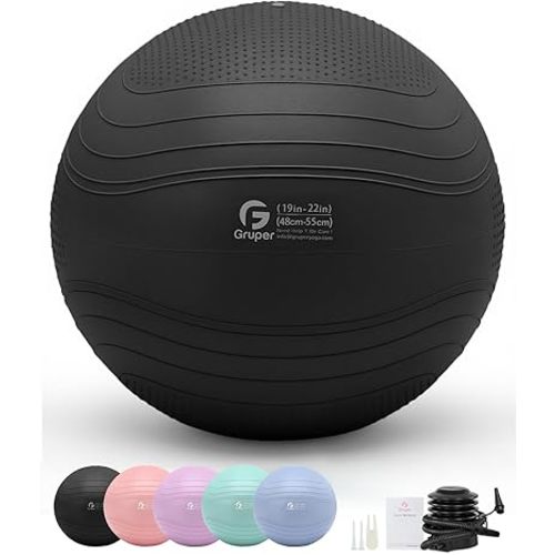 Gruper Yoga Ball, Extra Thick Exercise Ball for Workout Pregnancy Stability - 4 Sizes Anti Burst Balance Ball for Yoga, Pilates, Fitness, Birthing, Physical Therapy - Includes Pump