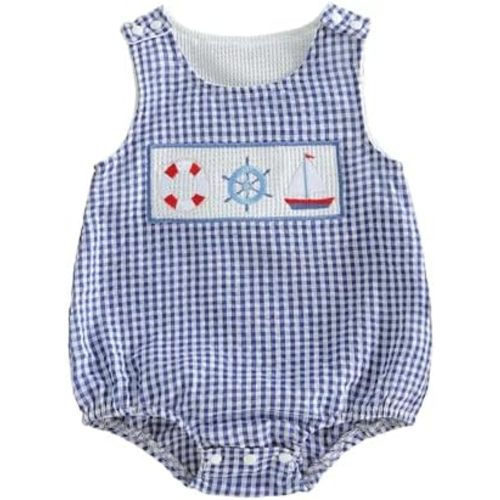 Baby Boy Bubble Romper Sailboat/Sea Animal Overalls Sleeveless Gingham Plaid Bodysuit Vacation Summer Outfit