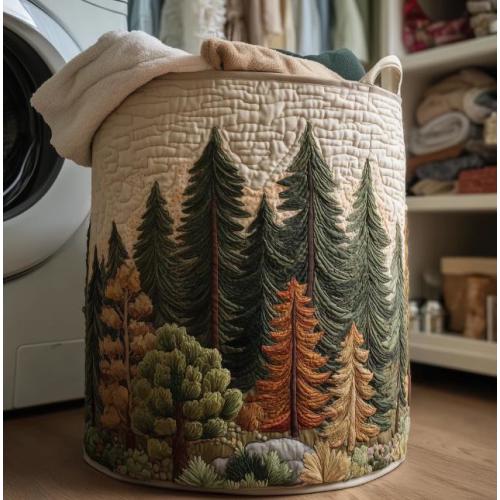 Forest Quilted Laundry Basket, Rustic Woodland Fabric Hamper, Large Family Storage Bin, Nature Home Decor Gift