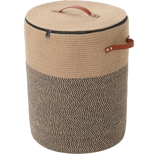 Extra Large Cotton Rope Storage Basket with Lid and Zipper, Versatile Laundry Hamper and Cloth Bin for Clothes, Towels, Blankets, Living Room Organization (Jute, 16"x20")