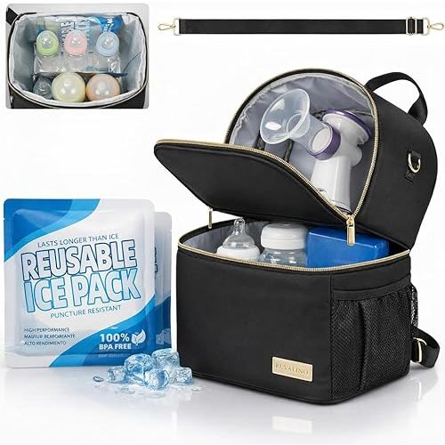 Breast Milk Cooler Bag for Travel –Waterproof 2 in 1 Pump & Bottle Sections Insulated Baby Bottle Cooler Bag Backpack with 2 Ice Pack -Fit 6-9oz Bottles -Keeps Milk Fresh -for Working Moms & Daycare