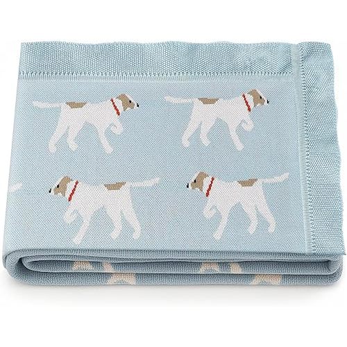 100% Cotton Knit Baby Blanket 40" L x 32" W Blue Soft Cozy Knit Sheep Blanket with Cute Dog Design for Newborns Infants Toddlers Ideal Shower Gift for Boys Girls