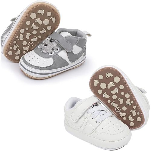 Clowora Unsex Baby Shoes Boys Girls Infant Sneakers Non-Slip Soft Rubber Sole Toddler Crib First Walker Lightweight Shoes (B01/2 Pairs_White+Grey, 3-6 Months)