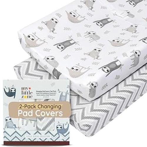 Baby Changing Pad Covers Table Sheet 32" x 16", 8" Deep Pocket - Diaper Changing Pad Cover, 100% Cotton Chevron & Sloth Baby Sheets for Girl & Boy, 2 Pack, Designed in France, White-Grey