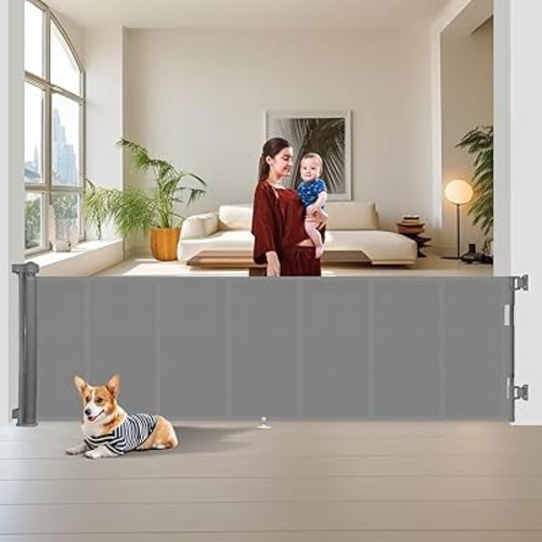 150 inch Retractable Baby Gates 34 inch Tall, Retractable Gate with Reinforced Strip Design to Prevent Crawling Through, 12 FT Extra Wide Retractable Dog Gate for Indoor/Outdoor