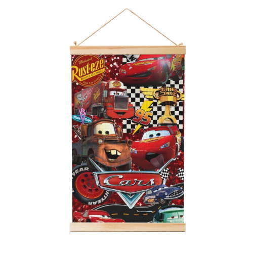 Wall Hanging Poster Lightning McQueen Canvas Artwork With Wooden Frame Scroll Painting 12"x18"