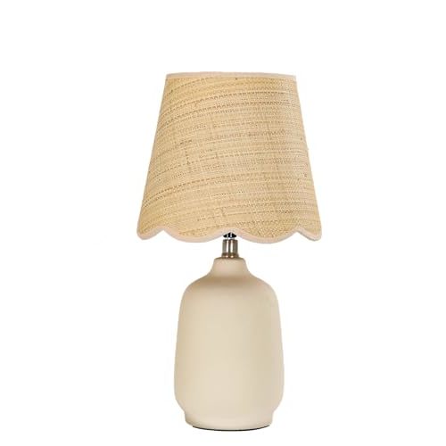 Pia Ricco 19" Modern Ceramic Table Lamp for Living Room Cream Base Desk Lamps for Bedroom Farmhouse Bedside Nightstand Lamp End Table Lamps,Beige,Rattan Shade