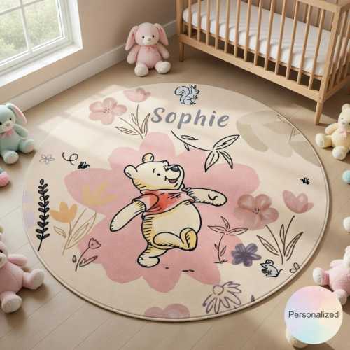 Personalized Winnie the Pooh Rug Custom Kids Room Carpet, Disney Nursery Decor, Classic Pooh Bear Baby Shower Gift, Floral Round Rug