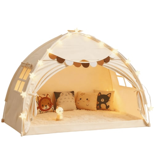 G TALECO GEAR Toddler Bed Canopy Tent, Fits Standard Toddler Bed Frame, Portable Indoor Sleeping Kids Tent with Light, Pop-Up Privacy Breathable Canopy, Beige