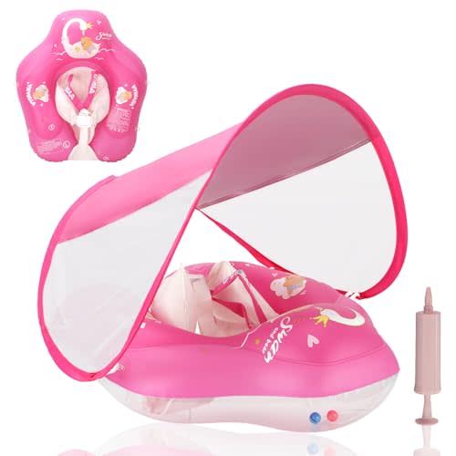 LOOWARTS Baby Pool Float with Canopy and Safety Seat,Infant Swim Float & Pool Float & Baby Water Float & Swimming Floats UPF50+ UV Protection for Kids from 3 to 36 Months.(S:3-12 Month/L:6-36 Month)