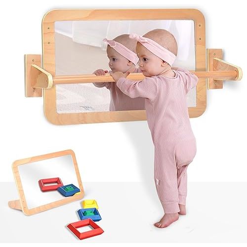 Montessori Baby 2-in-1 Shatterproof Safety Mirror with Pull-Up Bar - Infant Wall Mount & Floor Play for Tummy Time (6-18 Months)