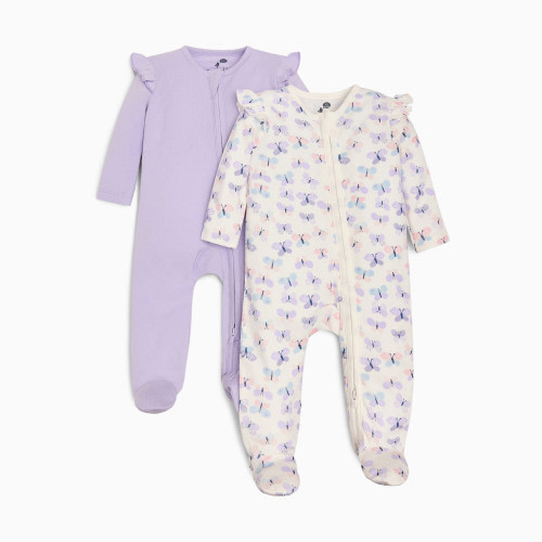 Small Story Organic Cotton Ruffle 2-Way Zip Footie (2 Pack) - Butterfly & Solid Lavendar, 0-3 M