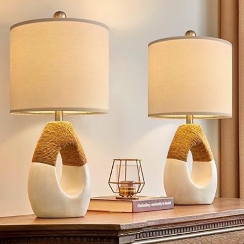 OYEARS 19'' Small Boho Table Lamps for Bedroom Set of 2, Farmhouse Rattan Bedroom Lamps for Living Room Rustic Home Decor, Nightstand Bedside Lamps for Sofa Table Entry Way, Suitable for Small Places