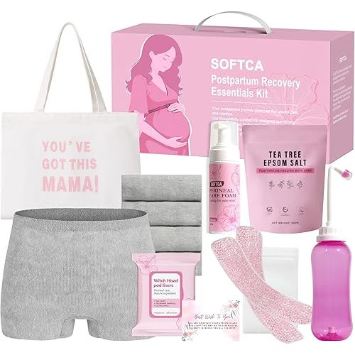 Postpartum Essentials Kit - Peri Bottle,Perineal Ice Packs,Perineal Healing Foam,Disposable Underwears,Cooling Pad Liners,Bath Salts,Canvas Bag,Card,Postpartum Gifts for Mom