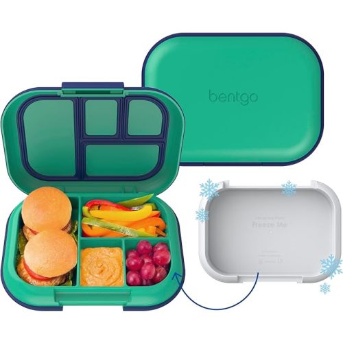 Bentgo Chill Kids Leak-Proof Lunch Box - 4-Compartment Bento Box with Built-In Ice Pack, 3.3 Cup Capacity, PFAS & BPA-Free, Microwave & Dishwasher Safe, Ideal Size for Ages 3 to 7 (Green/Navy)