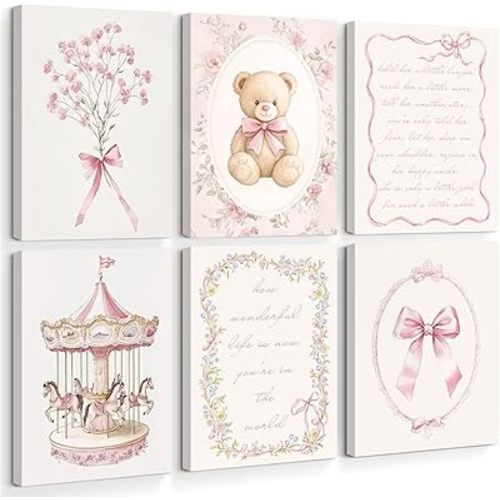 Pink Nursery Wall Art Baby Girl Canvas Wall Decor Girls Room Pictures Vintage Nursery Prints Kids Poster Cute Bear Artwork Floral Bow Painting for Bedroom Living Room 12x16 Inch Ready to Hang Set of 6