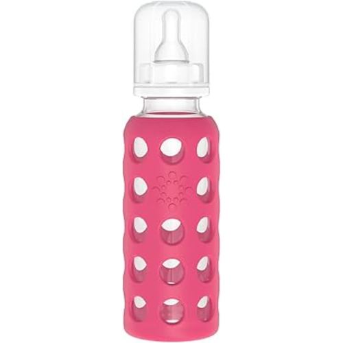 Lifefactory 9-Ounce Glass Baby Bottle with Stage 2 Nipple and Protective Silicone Sleeve Raspberry