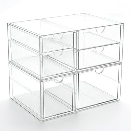 Prsildan Acrylic Drawer Makeup Organizer with 6 Drawers, Set of 2 Office Desk Organizers Accessories, Clear Stackable Storage Drawers for Vanity, Craft, Not for Baby Bottle (Largest Drawer 4" Tall)