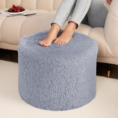 Hansleep Round Pouf Ottoman Foot Rest, Footstool, 17 x 14 Inch, Grey
