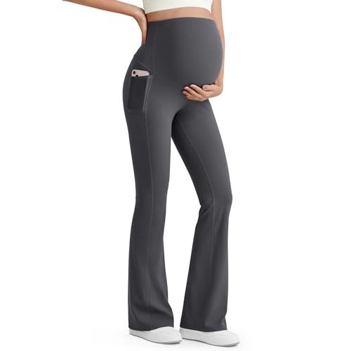 G4Free BareFeel Maternity Flare Leggings with Pockets Over The Belly Stretchy Casual Lounge Pregnancy Dress Pants for Work