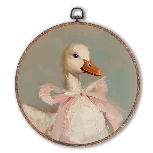 Hxlac Coquette Pink Bow Duck Round Wall Art Framed, Preppy Girly Round Wall Decor, Vintage Girly Duck Hanging Canvas Prints Wall Sculptures for Girls Room Dorm Bedroom Decor, 10x10 Inch