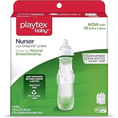 Playtex Baby Nurser Bottle with Pre-Sterilized Disposable Drop-Ins Liners, Closer to Breastfeeding, 8 Ounce Bottles, 3 Count