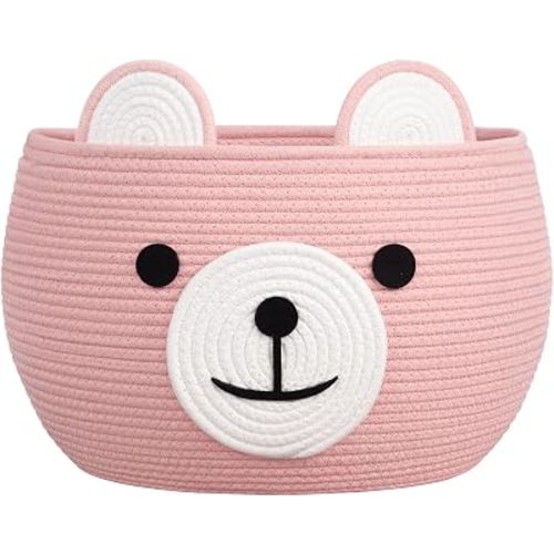 CherryNow Baby Basket for Nursery, Bear Gift Baskets for Girls, Baby Shower Basket with Handles, Large Diaper Caddy Organizer, Bright Pink, 15.7"D x 10.5"H