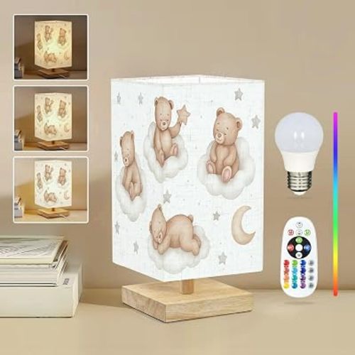 Square Table Lamp for Bedroom Seamless Teddy Bears Clouds Moon Stars Watercolor Hand Drawn White Beside Lamps Desk lamp with Wood Base Nightstand Lamps for Nursery Living Room Home Decor