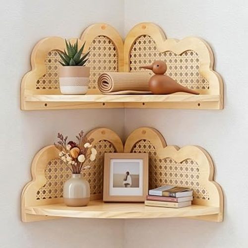 2 Pcs Cloud Floating Corner Shelf Set Boho Rattan Storage with Natural Pine Wood Frame Cute Corner Shelves for Wall Home Decor Bedroom Kitchen Bathroom