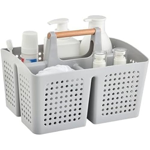 Portable Shower Caddy Basket with 3 Compartments and Handle, Light Gray