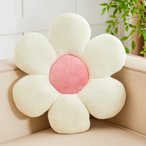 Kcvvcr White Pink Flower Pillow, 14.9" Cute Flower Shaped Floor Pillow, Aesthetic Floral Plush Daisy Decorative Throw Pillows for Bed Sofa Couch