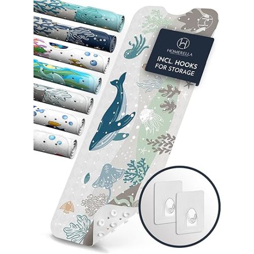 Homerella Baby Bath Tub Mat | Anti Mold Mildew Resistant Non Slip Kids and Adult Bath Tub Shower Mats | 40x16 inch Long with Suction Cups for Secure Grip Hooks for Storage & Drying | Machine Washable