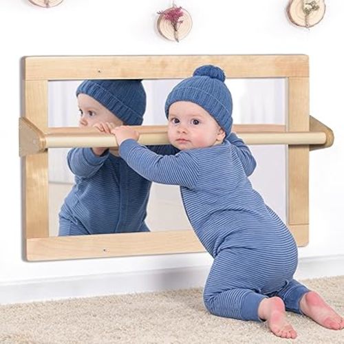 Baby Montessori Wooden Frame Non-Shatter Safety Mirror w/ 2 Pull Up Bars, Infant Coordination Small Mirror for 6-18 Months (Natural)