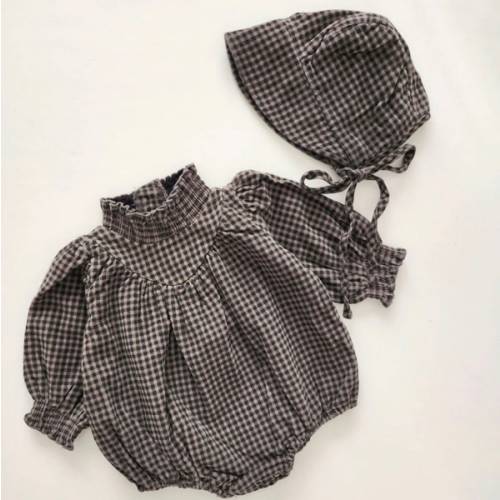 Baby Nunu Fleece-Lined Gingham Corduroy Romper and Bonnet Set
