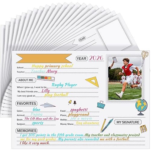 Motipuns 32 Sheets School Keepsake Organizer Papers, School Memory Questionnaire for Kids K-12, End of Year Keepsake Storage Papers, Student Info Record, Personal Growth Tracking, Classroom(Simple)