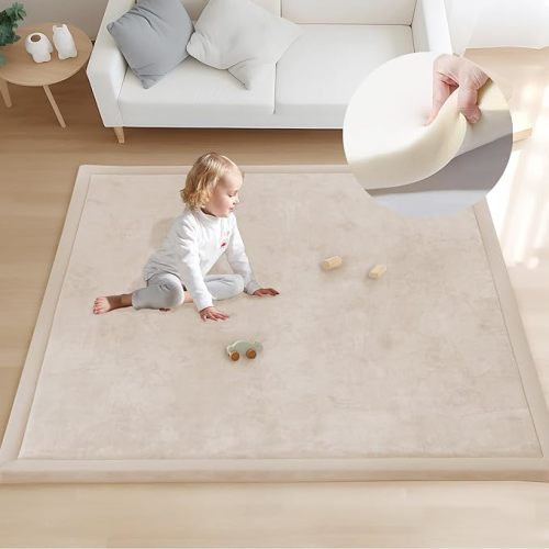 ACOMOPACK Baby Play Mat for Floor 1.3" Thick Memory Foam 50x50 Soft Velvet Playpen Mat for Kids,Infants,Toddlers,Tummy Time Crawling Mats with Non-Slip Bottom,Yoga,Tatami,Nursery Rug（Beige）