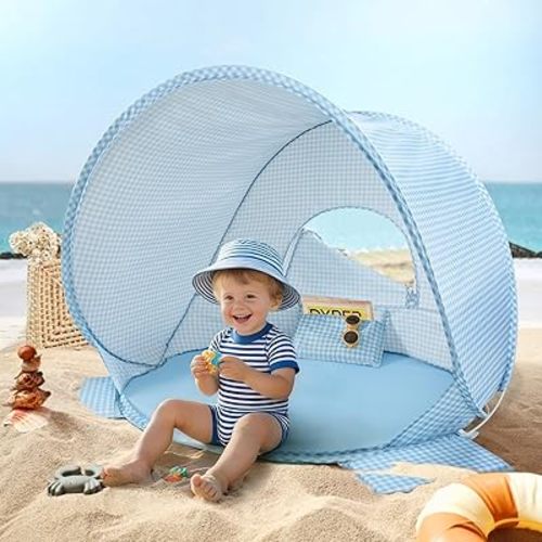 Tiny Land Baby Beach Tent – Pop Up Baby Tent with UV Protection, Portable Baby Beach Essentials, 35.4"x27.6"x31.5" Sun Shelter for Infants, Baby Summer Outdoor Use (Light Blue Gingham)