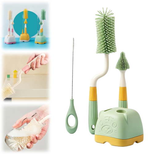 1 Set Silicone Bottle Cleaning Brush Set, 3-in-1 Multipurpose Bottle Cleaner with Storage Holder, Long Handle Brush for Narrow Neck Bottles, Water Bottles and Cups, (Green)