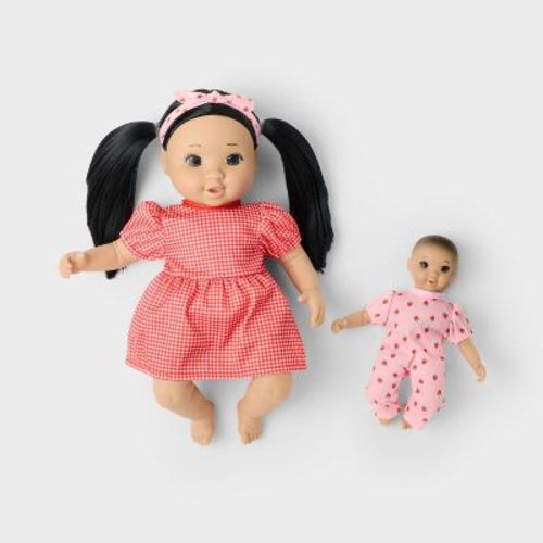 14" Black Hair/Brown Eyes Toddler Doll + Mini Baby Doll - Gigglescape™